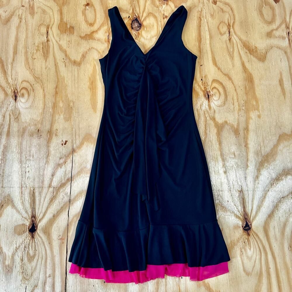 Vintage Wrapper Y2K Black Ruffle Hem Midi Dress With Pink Trim Size Small